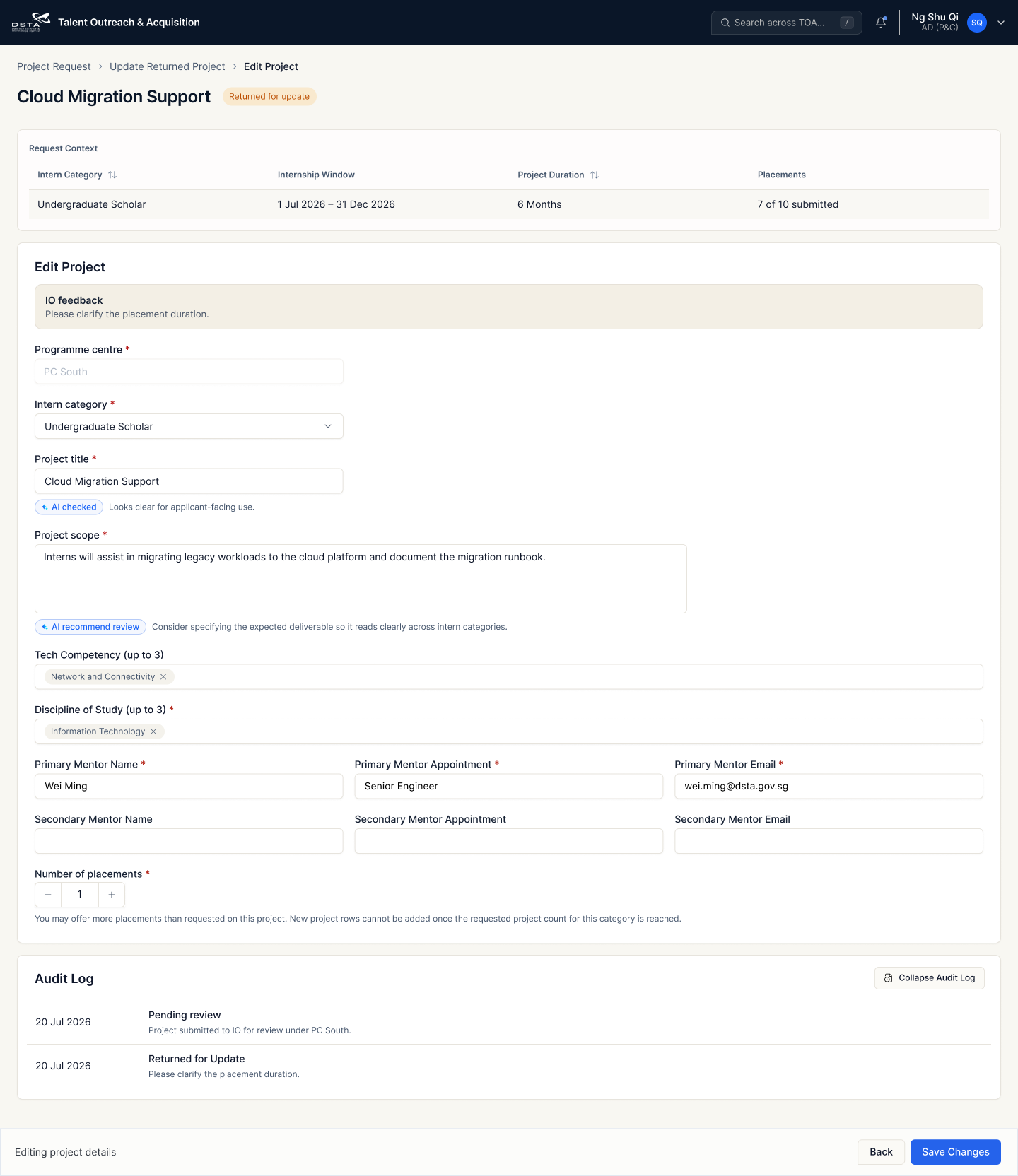 AD P and C returned project editing page before the reviewed update